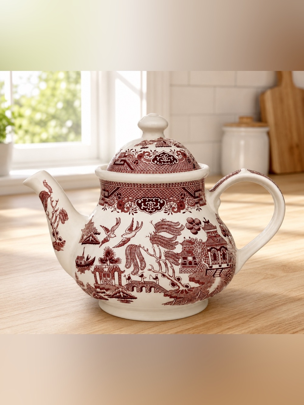 Vtg Churchill Pink/Red Willow Rosa Teapot & Lid Made in Romania 5 Cup Capacity